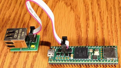 A Teensy 4.1 cabled to the Ethernet Kit