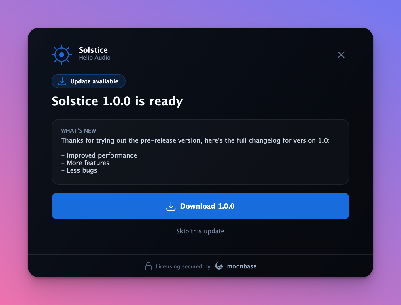 In-app update screen with release notes and a download button