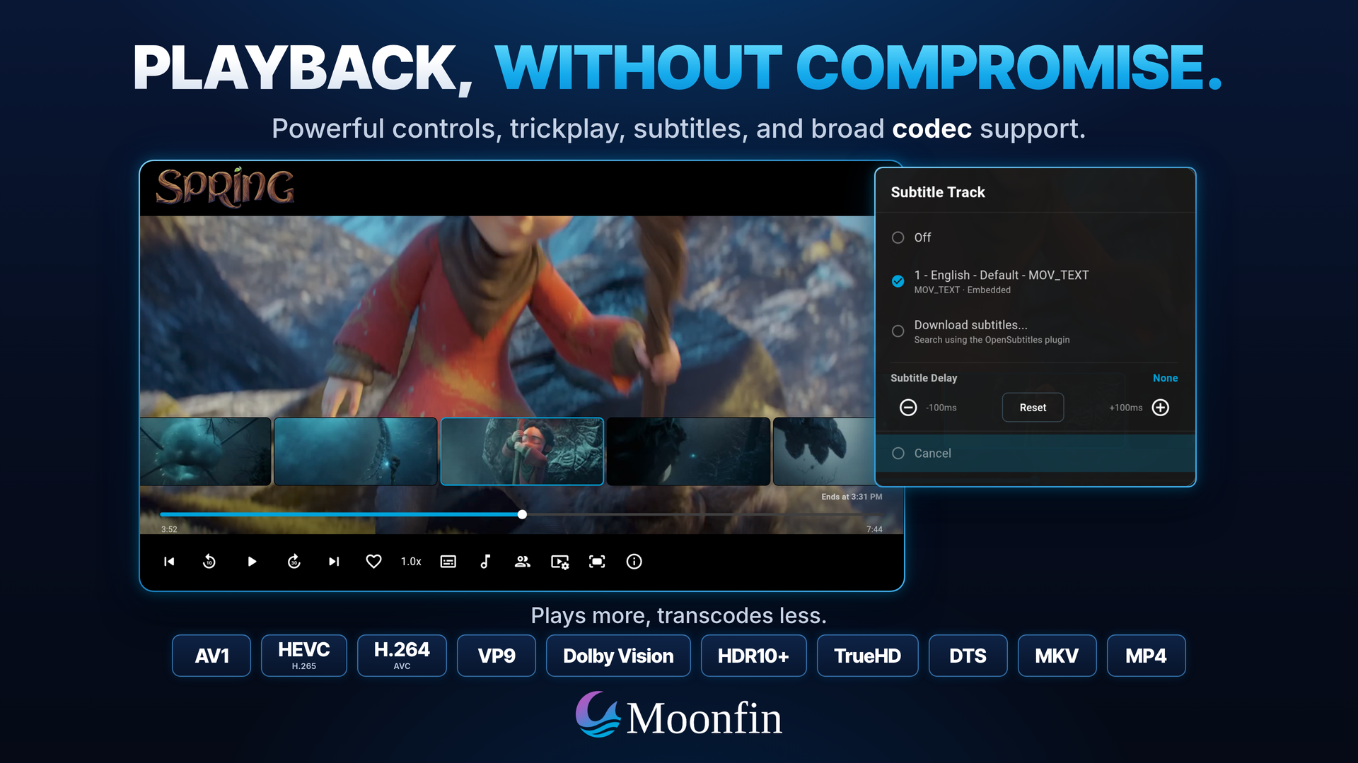 Player with trickplay thumbnails and the subtitle menu
