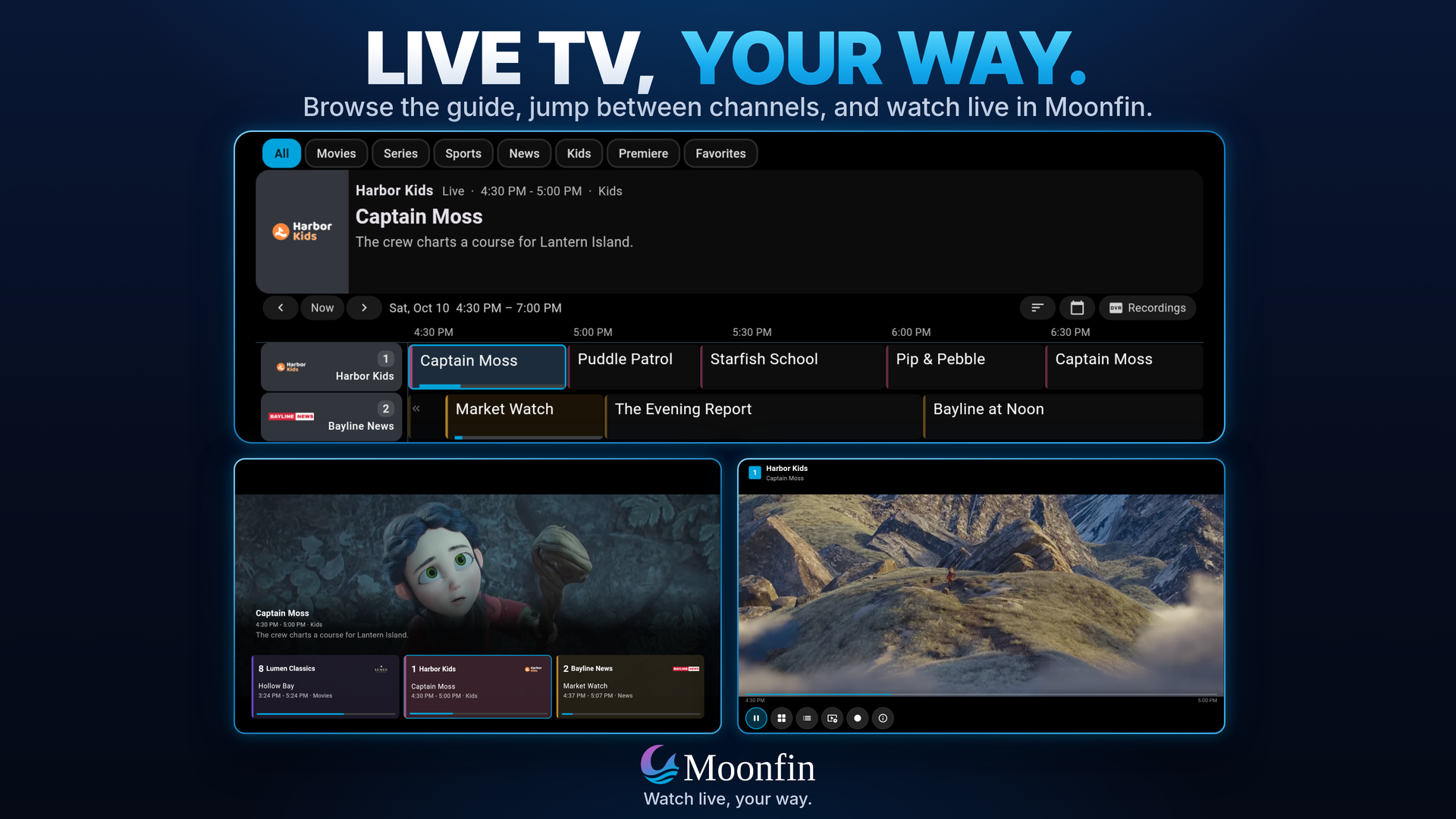 Live TV guide, channel changer and player
