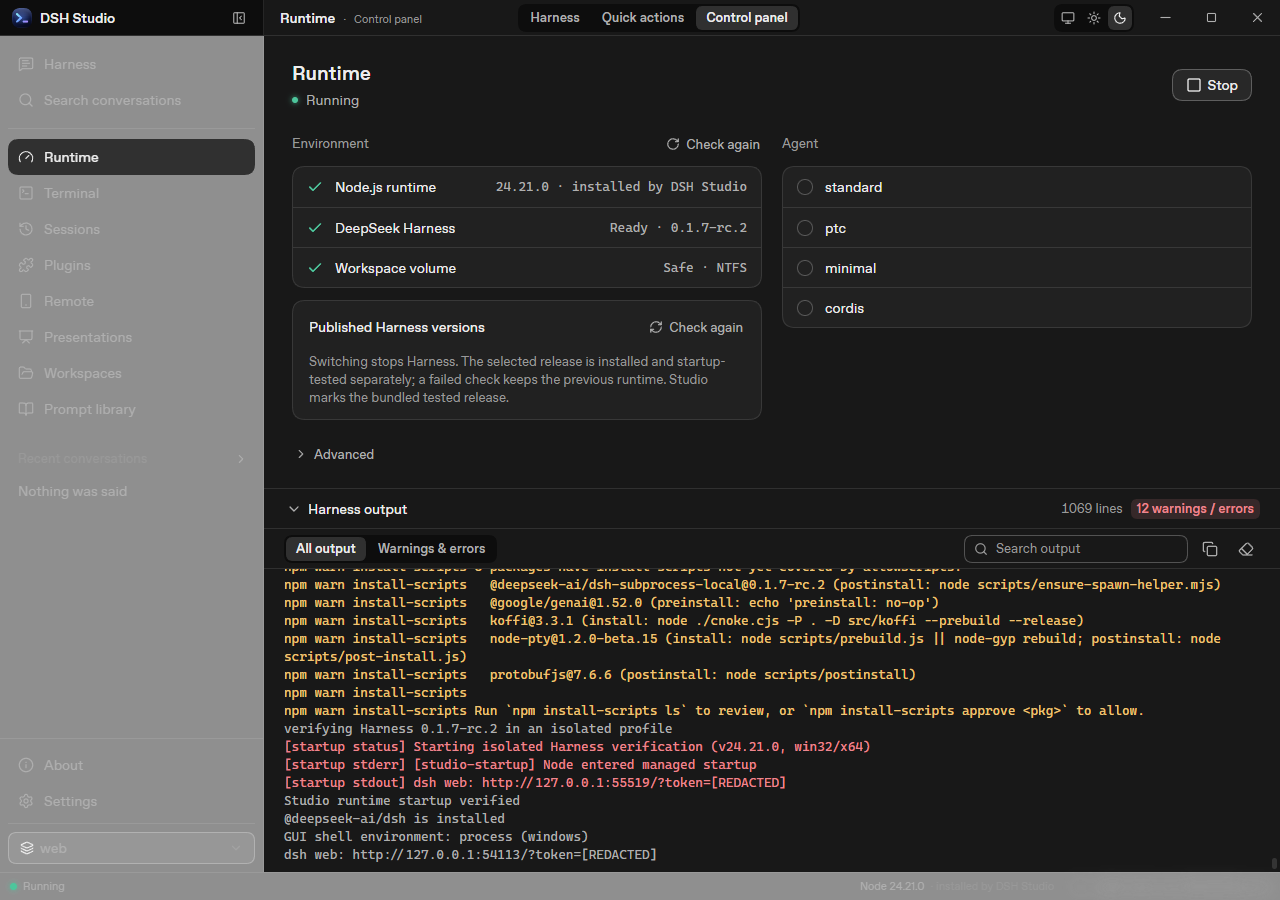 Runtime page: environment checks, agent choices, and diagnostic output collapsed until needed