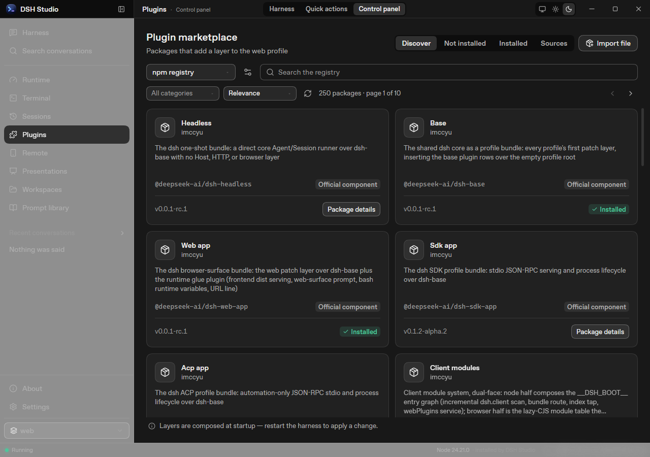 Plugin marketplace in the actual Windows desktop: responsive cards, readable metadata and installed-state badges