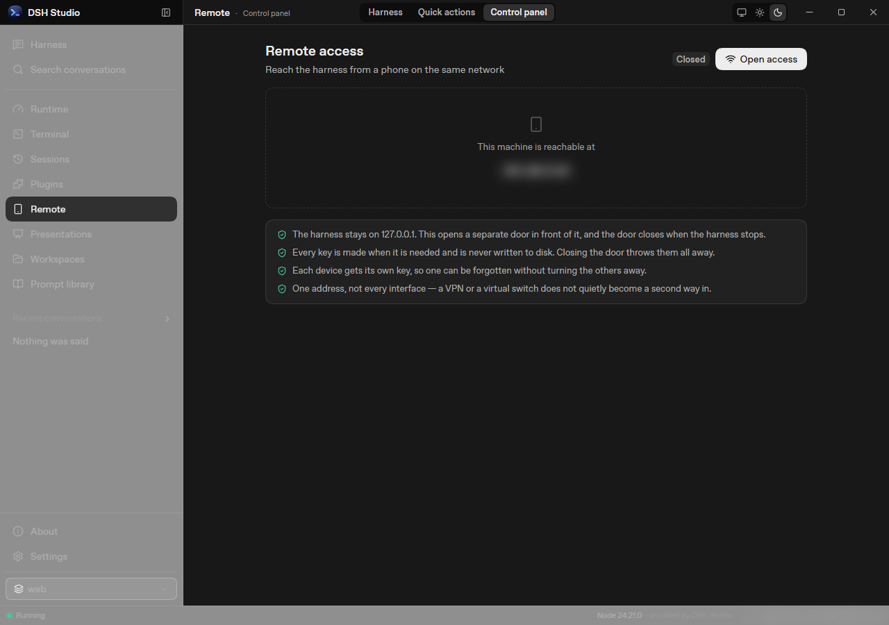 Remote access controls with the gateway closed; local network address blurred