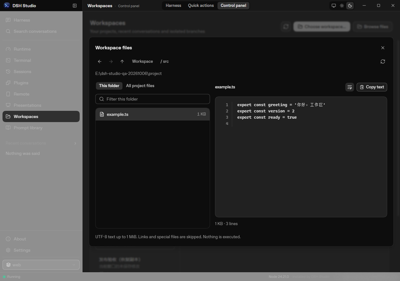 Workspace files in the actual desktop: lazy folders, filtering, read-only text preview and copying