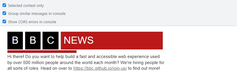 An example of using styled messages in the console on the BBC website