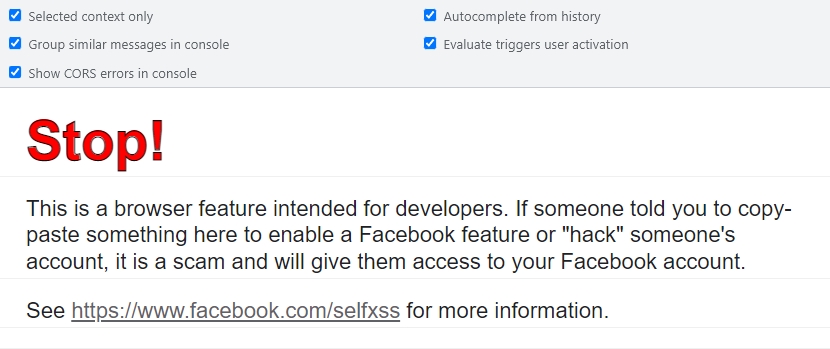 An example of using styled messages in the console on the Facebook website