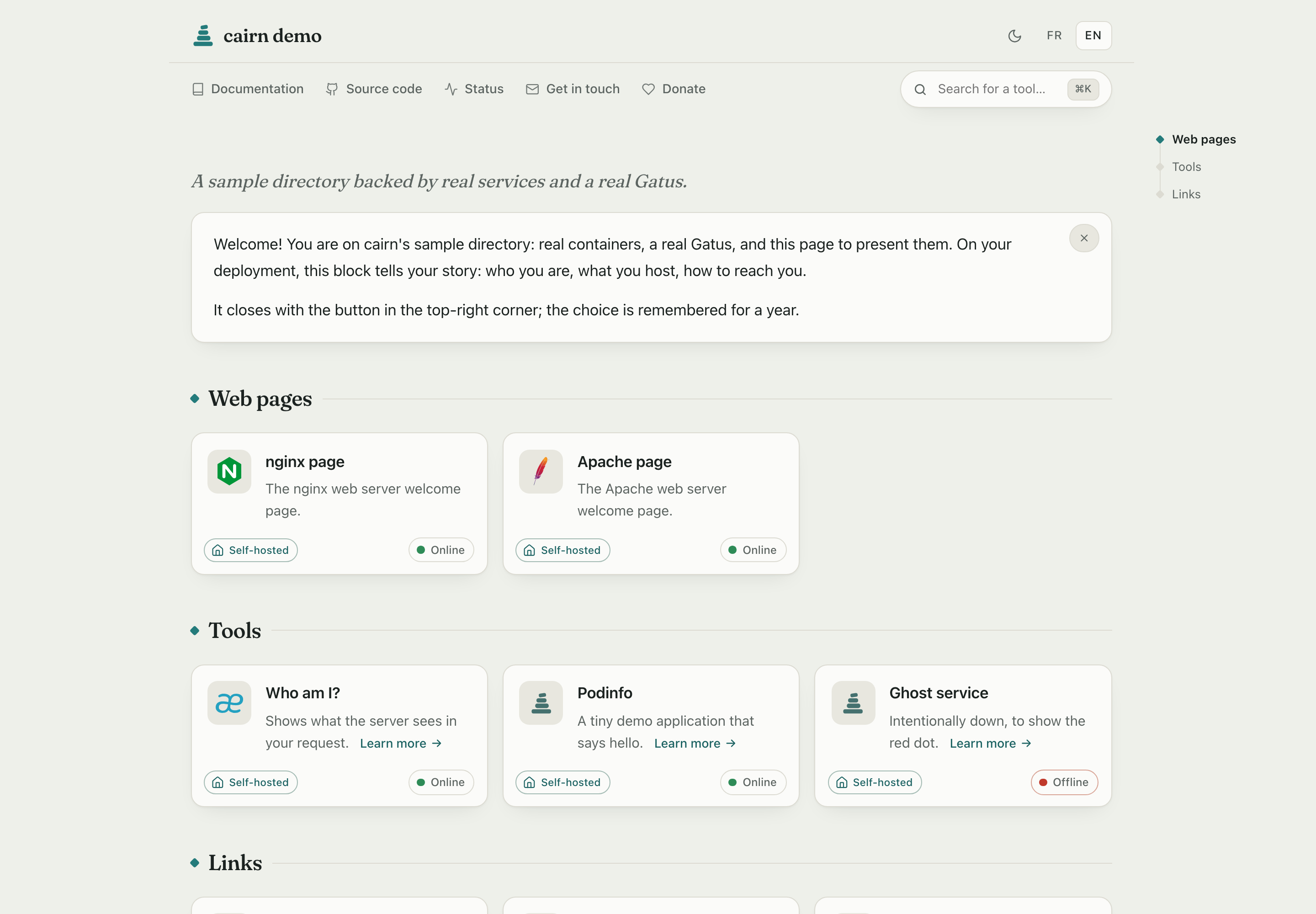 cairn home page: a welcome note, service cards grouped by category with live status pills, and a category trail in the margin