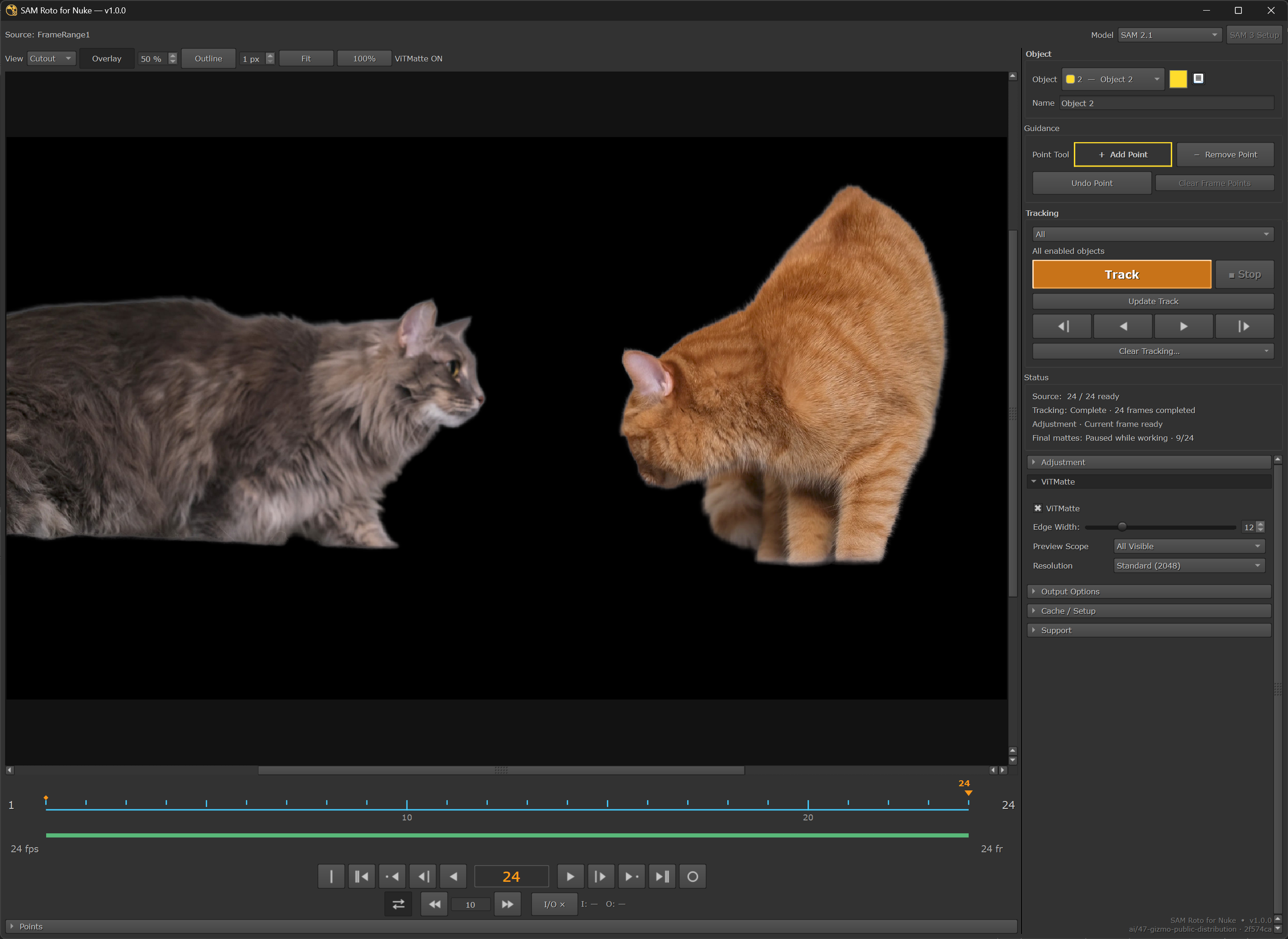 Cutout: current-frame preview on frame 24. Final Matte preparation is paused at 9/24. v1.0.0 development checkout; not a completed Write render.