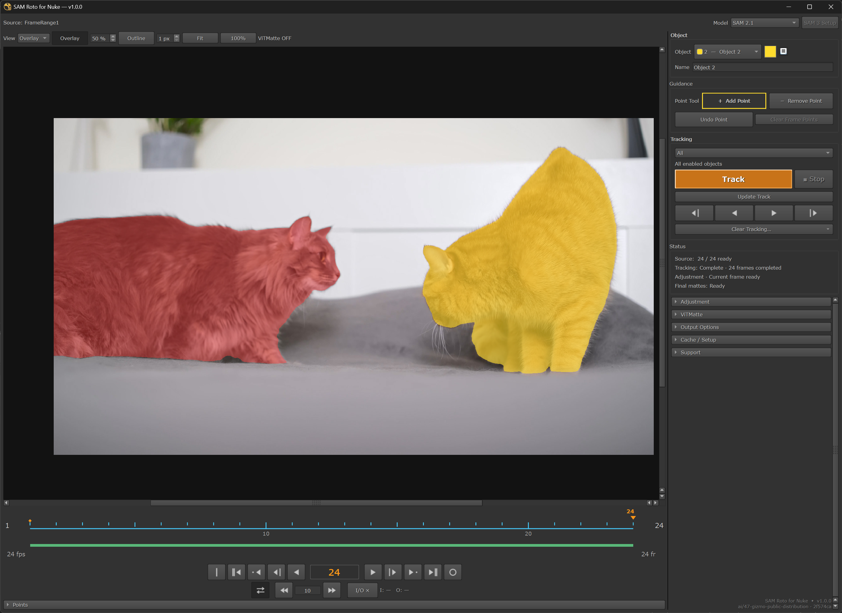 Track: two object overlays on frame 24, with 24 tracked frames reported complete. v1.0.0 development checkout.
