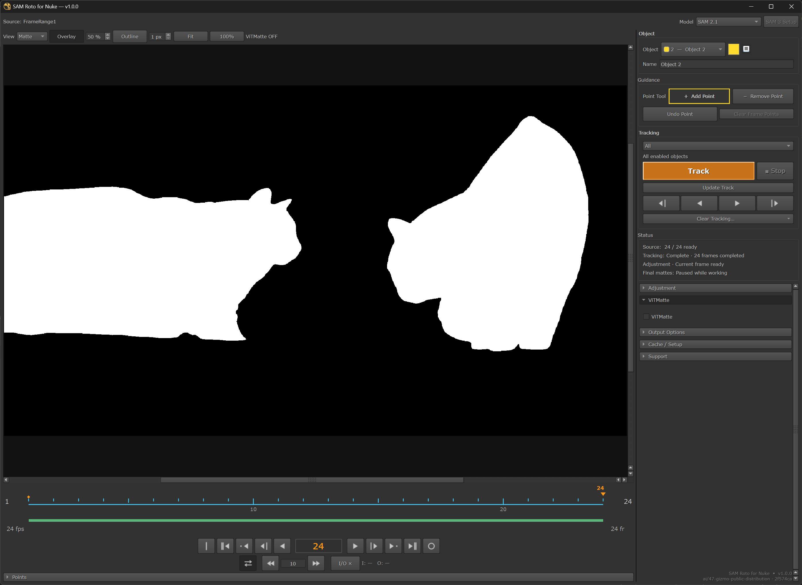 ViTMatte OFF: Matte View on frame 24. v1.0.0 development checkout.