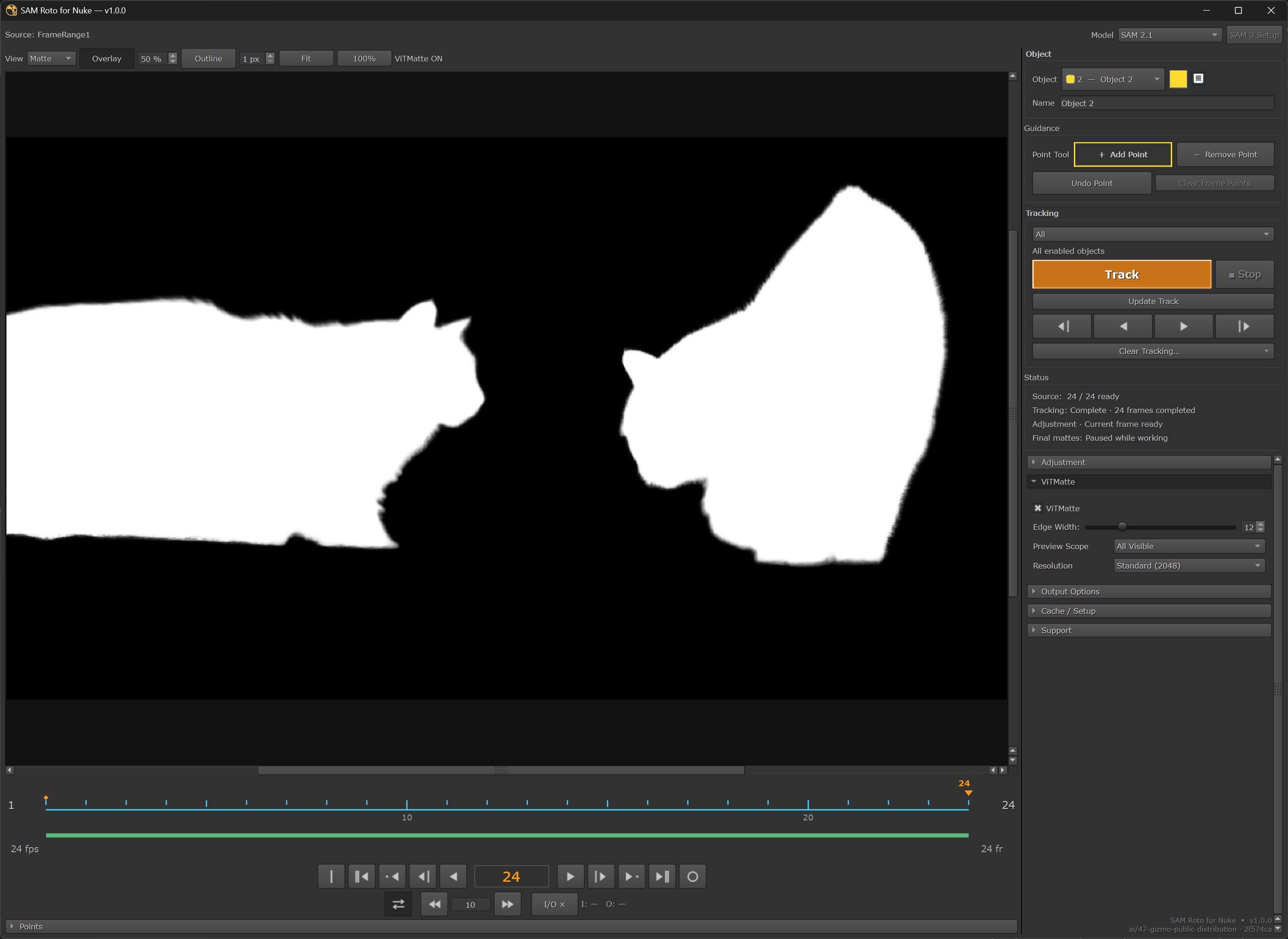 ViTMatte ON: Matte View on the same frame 24. v1.0.0 development checkout.