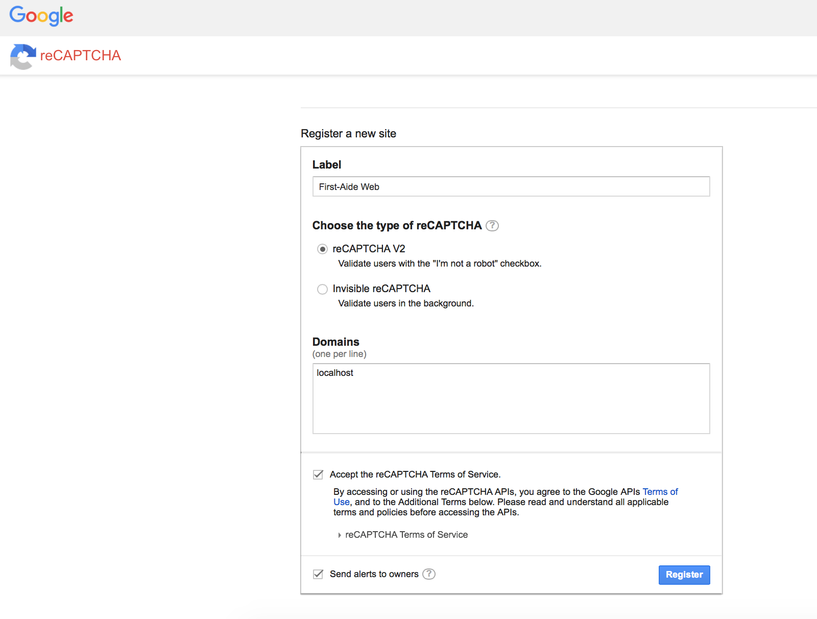Register for reCaptcha