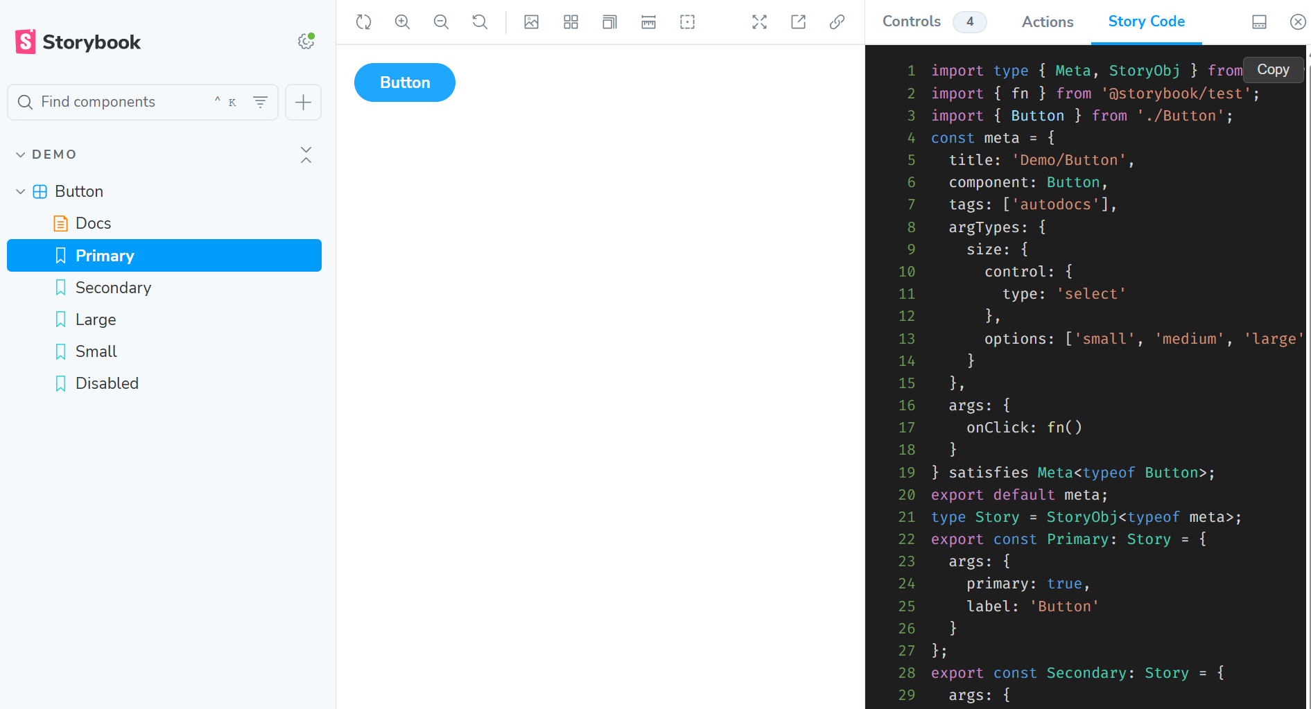 Story Code panel showing syntax-highlighted TypeScript source with line numbers