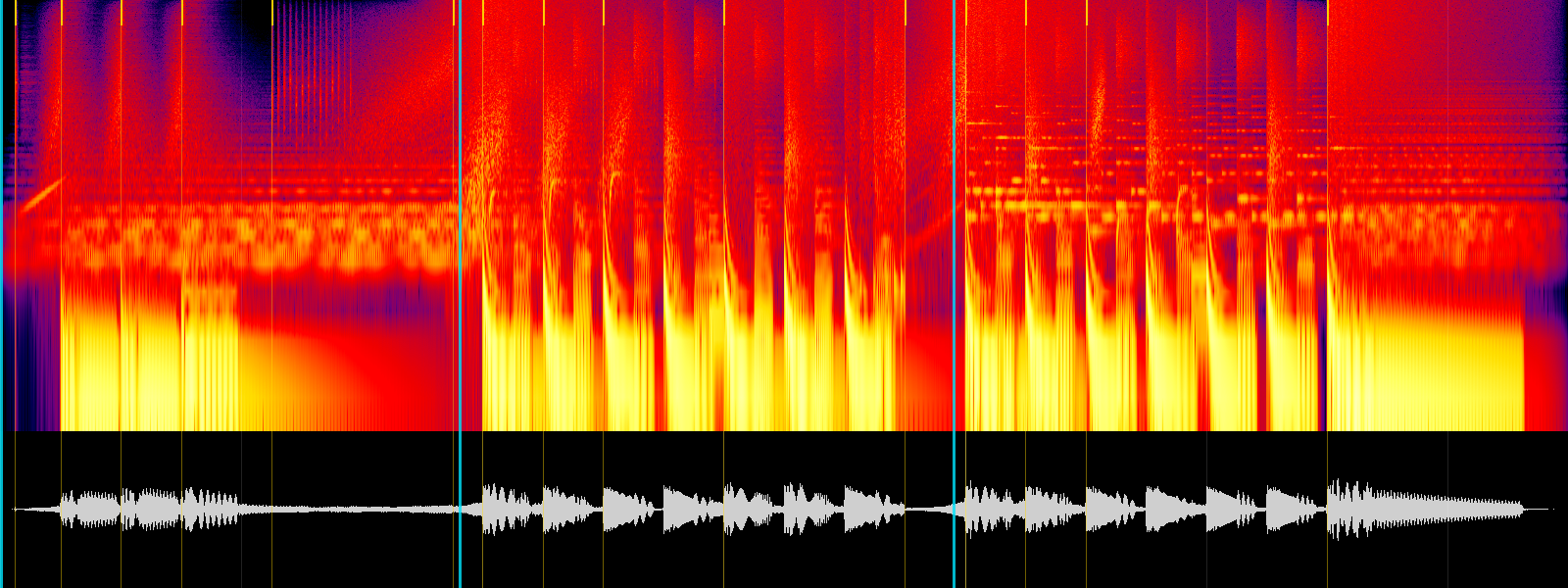The score check: spectrogram and waveform with scene starts and cues