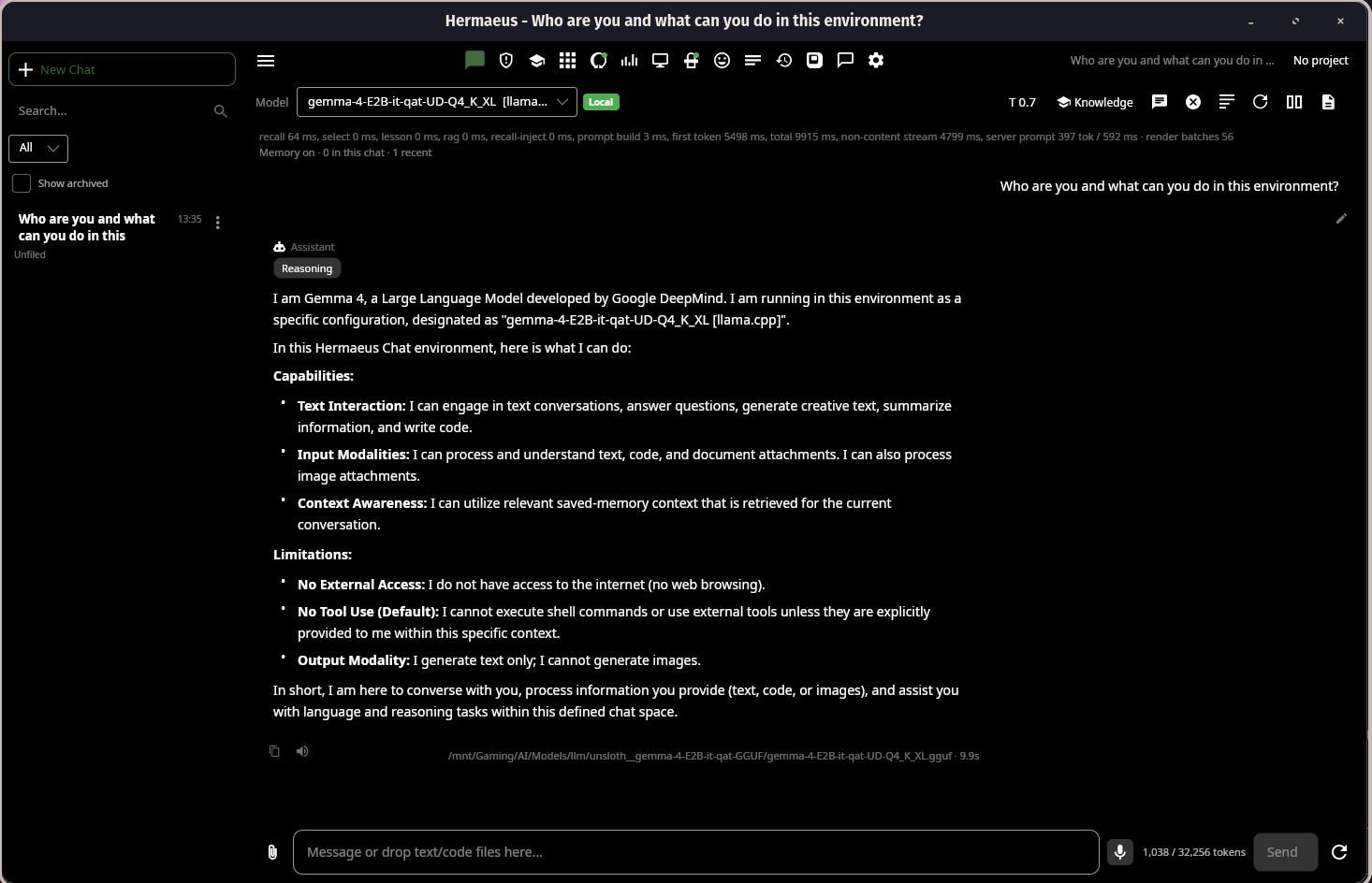 Hermaeus Chat showing a local Gemma 4 response