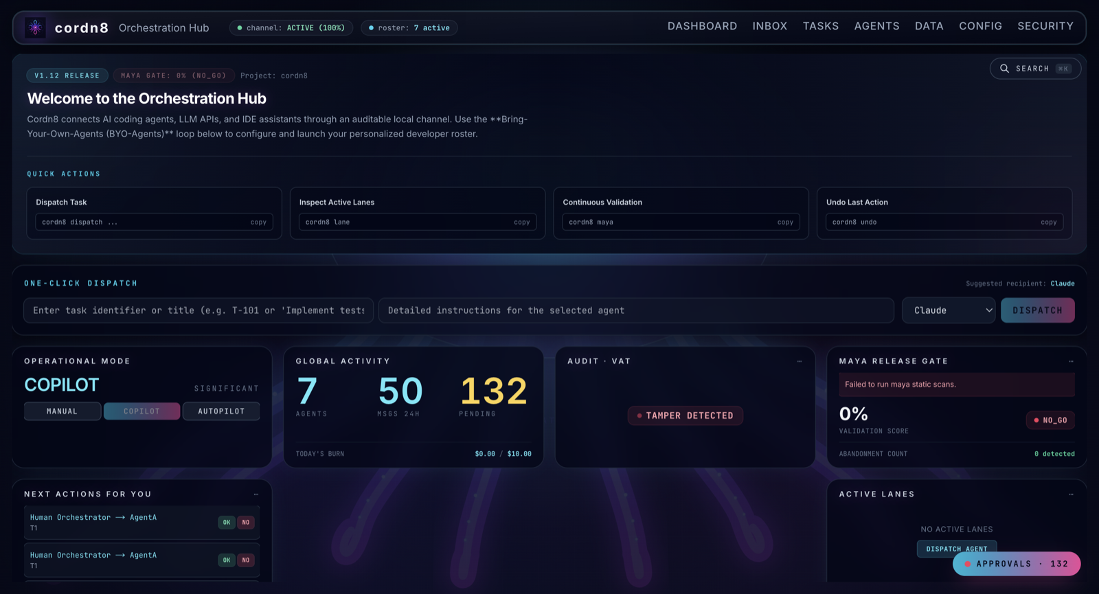 Cordn8 Orchestration Hub — V1.14.3 dashboard with one-click dispatch, Maya release gate, audit panel, and per-agent activity