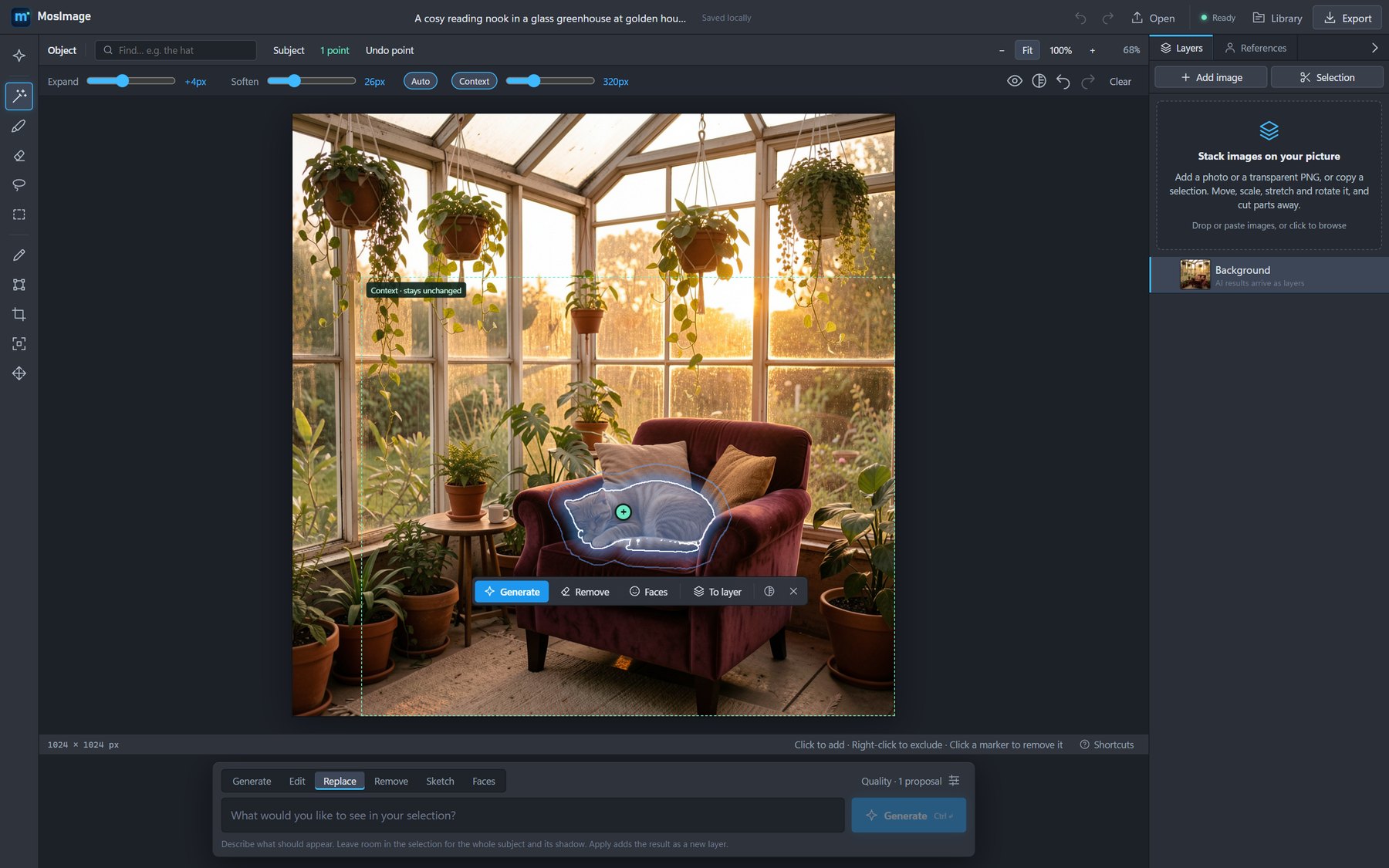 The MosImage editor with the cat selected by a single click
