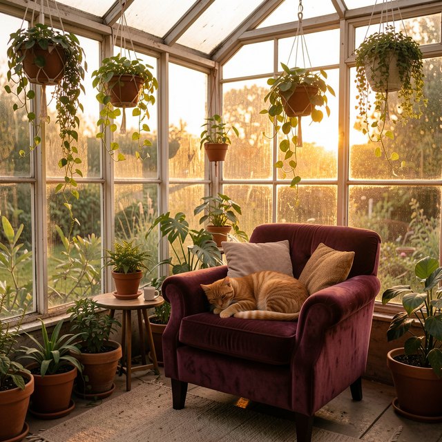 Generated greenhouse reading nook with a sleeping cat