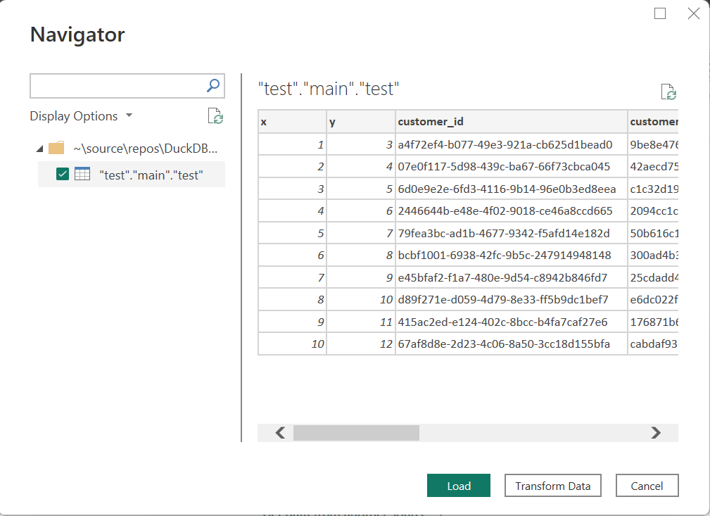 Navigator dialog to preview and select your table(s)