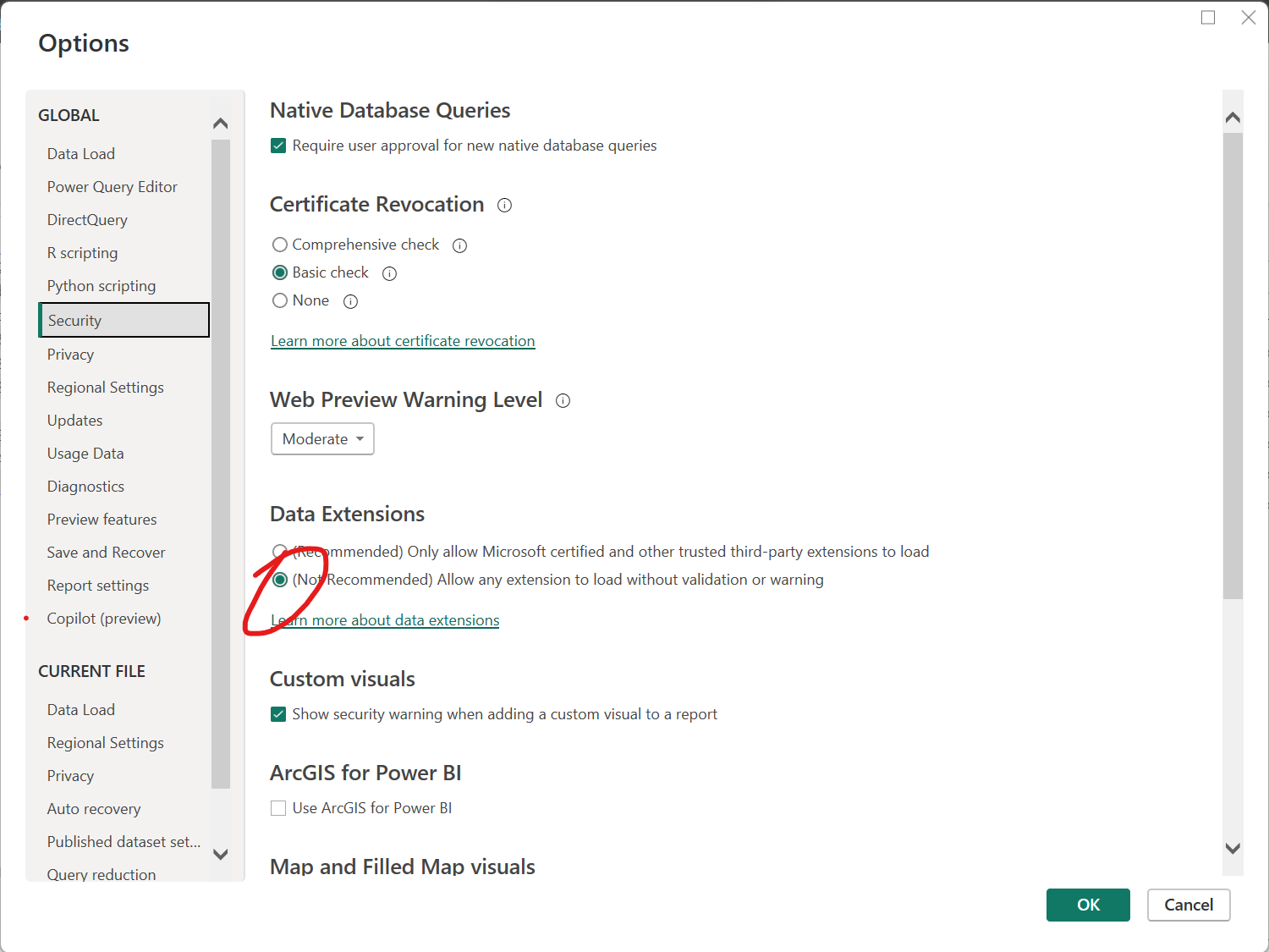 Dialog window showing Power BI Options -> Security -> Data Extensions