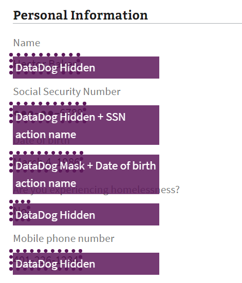 page showing purple outlined elements with datadog hidden and masked privacy classes and some with an additional action name