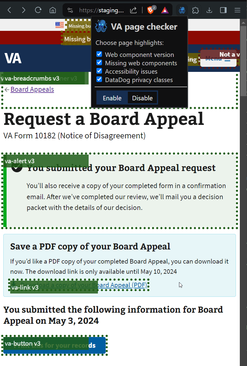 page showing the VA page checker extension popup with 4 checkboxes. The main page shows green outlines v3 web components, with some gold highlighted buttons and red highlights behind the popup