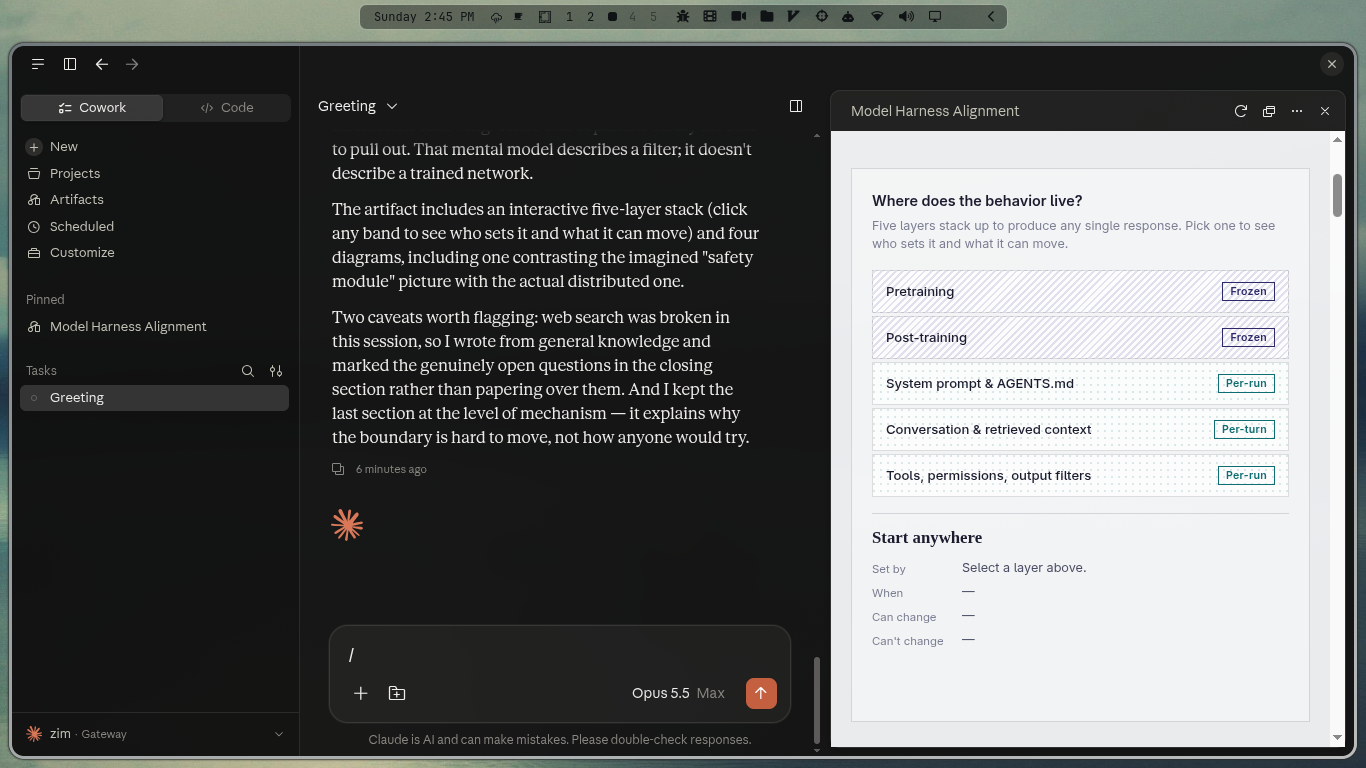 Claude Desktop showing Opus 5.5 Max and zim · Gateway