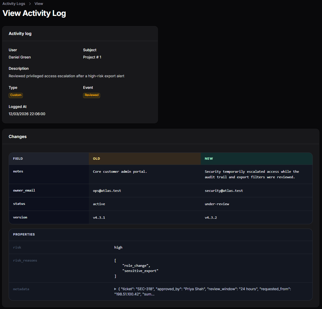 Filament Logger redacted activity diff view