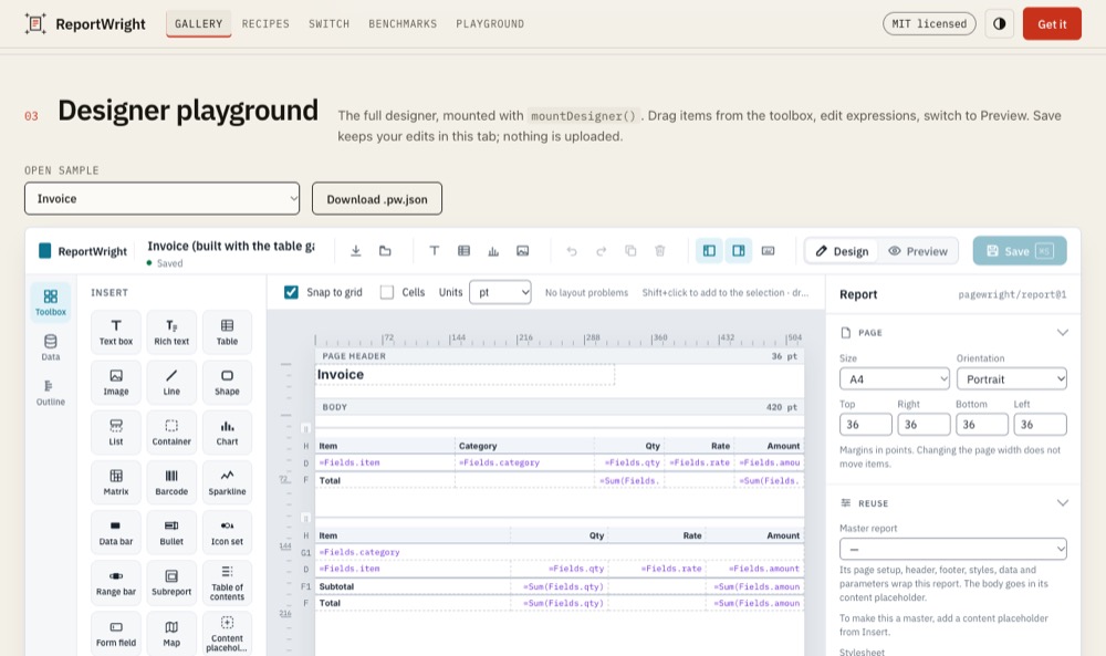 The designer in the live demo