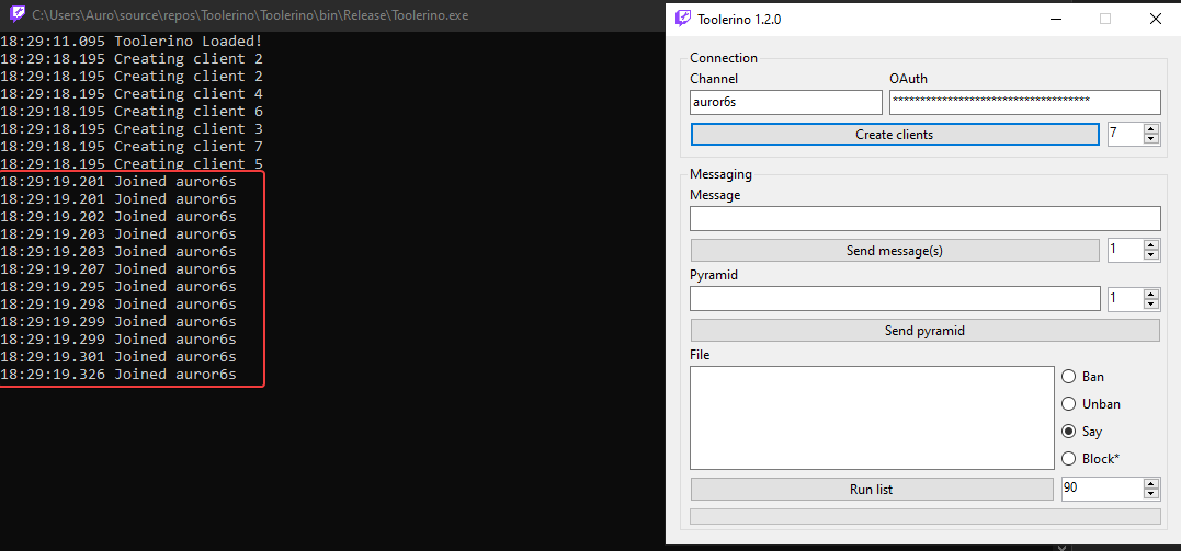 Image showing the console saying "Joined <channel>" multiple times