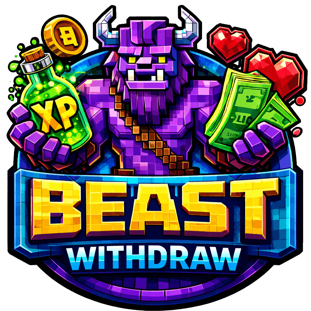 BeastWithdraw logo with XP bottle, cash, tokens, and hearts