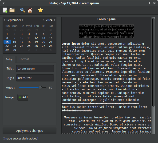 Lifelog main window screenshot (Greybird-dark and elementary Xfce dark)