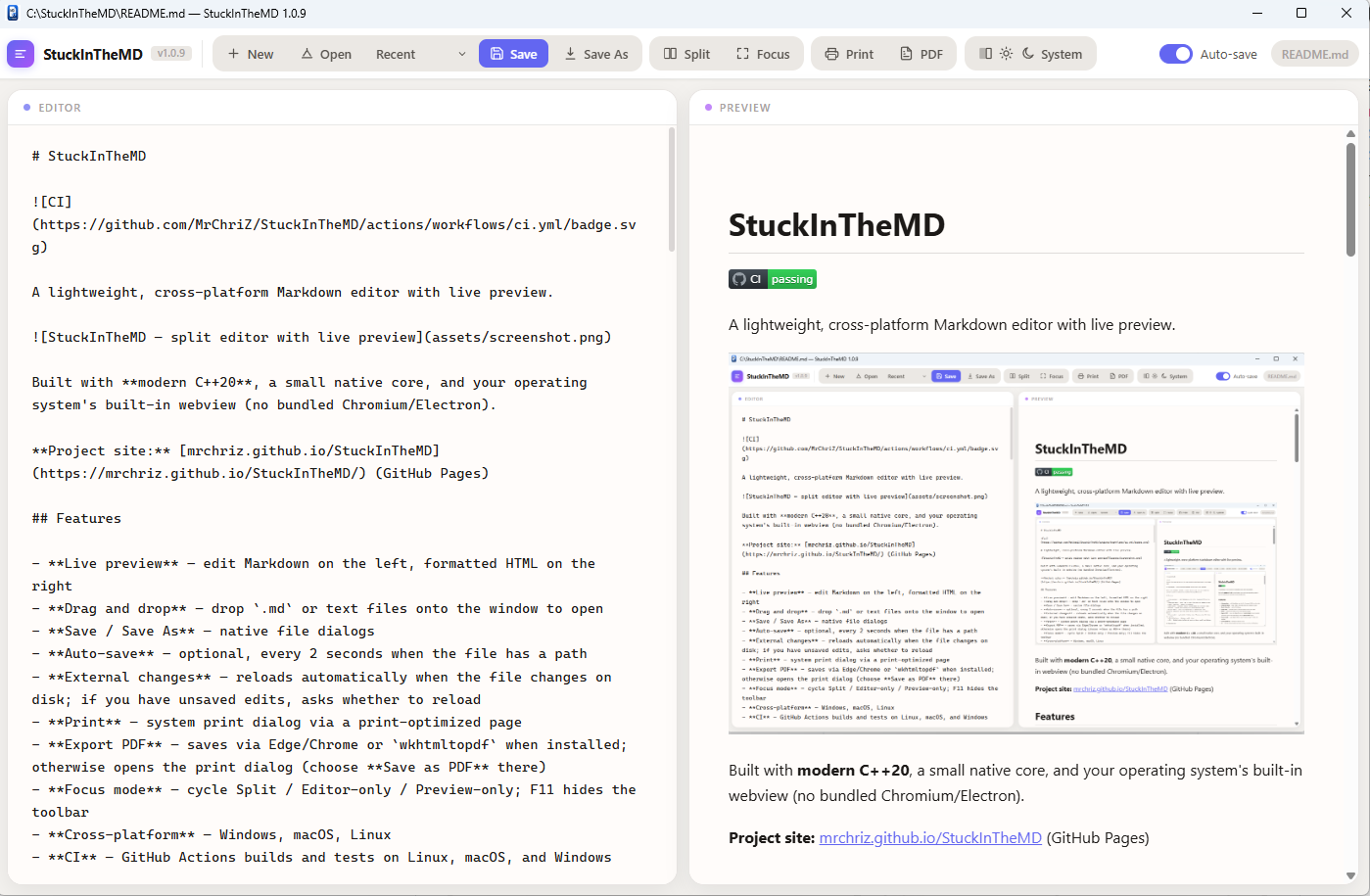 StuckInTheMD split view: Markdown editor on the left, live HTML preview on the right
