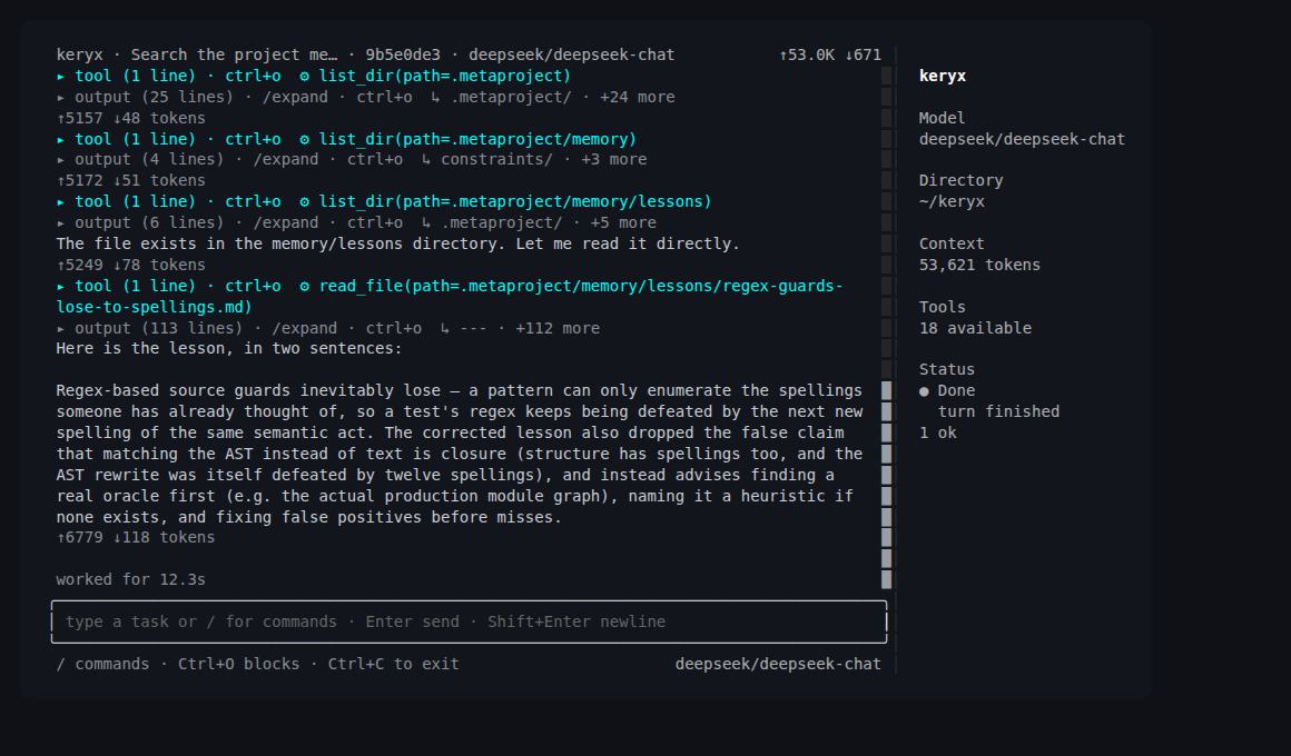 The same keryx shell running the same tools against a different provider