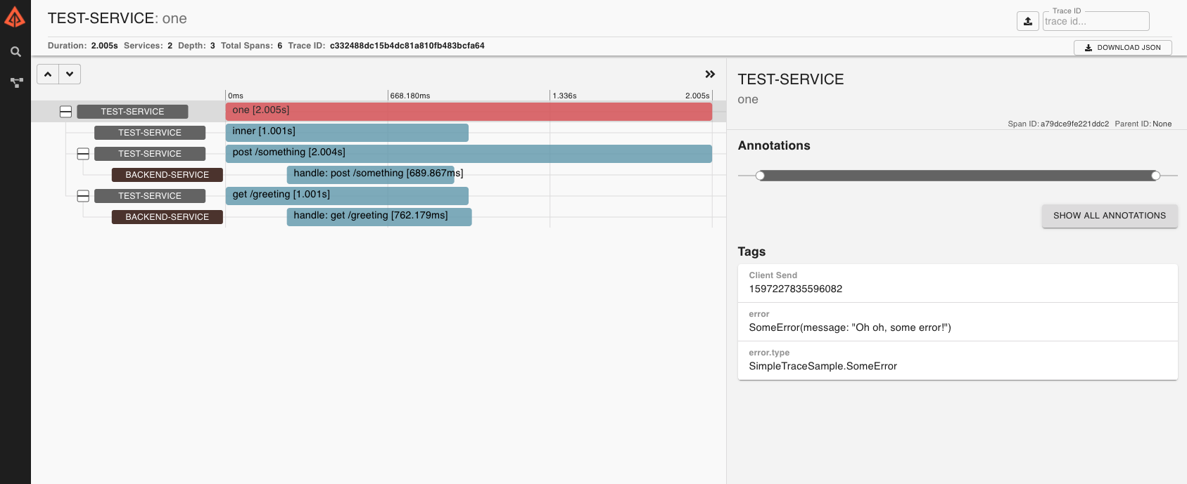 Simple example trace in Zipkin Web UI