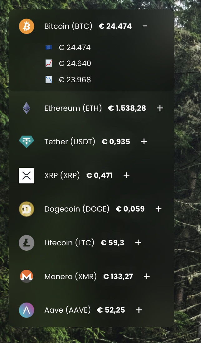 example of crypto information in the dashboard