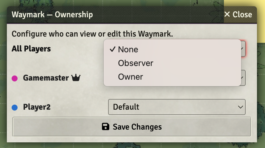 Waymarks Ownership dialog with per-user dropdowns