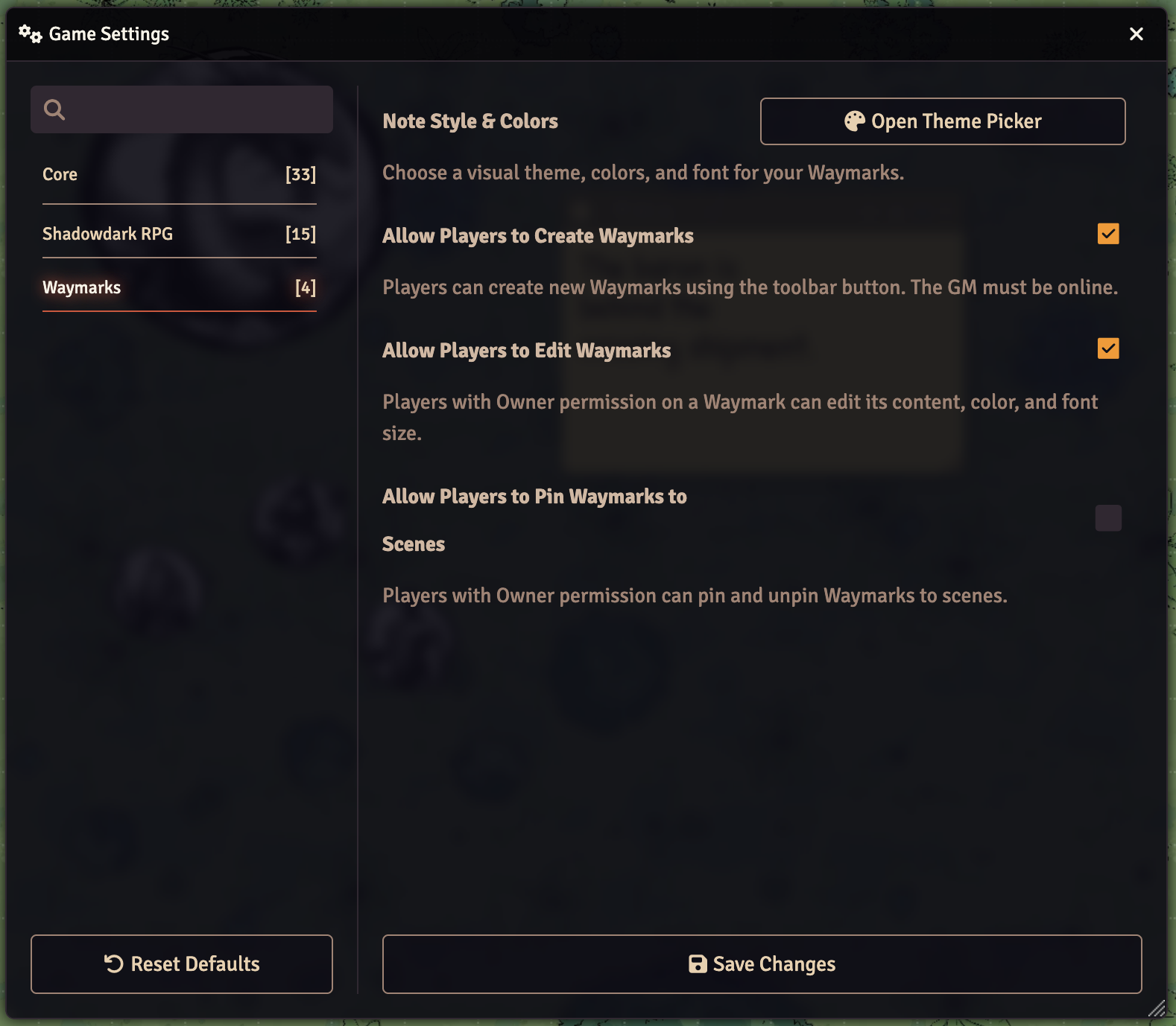 Waymarks settings panel with permission toggles