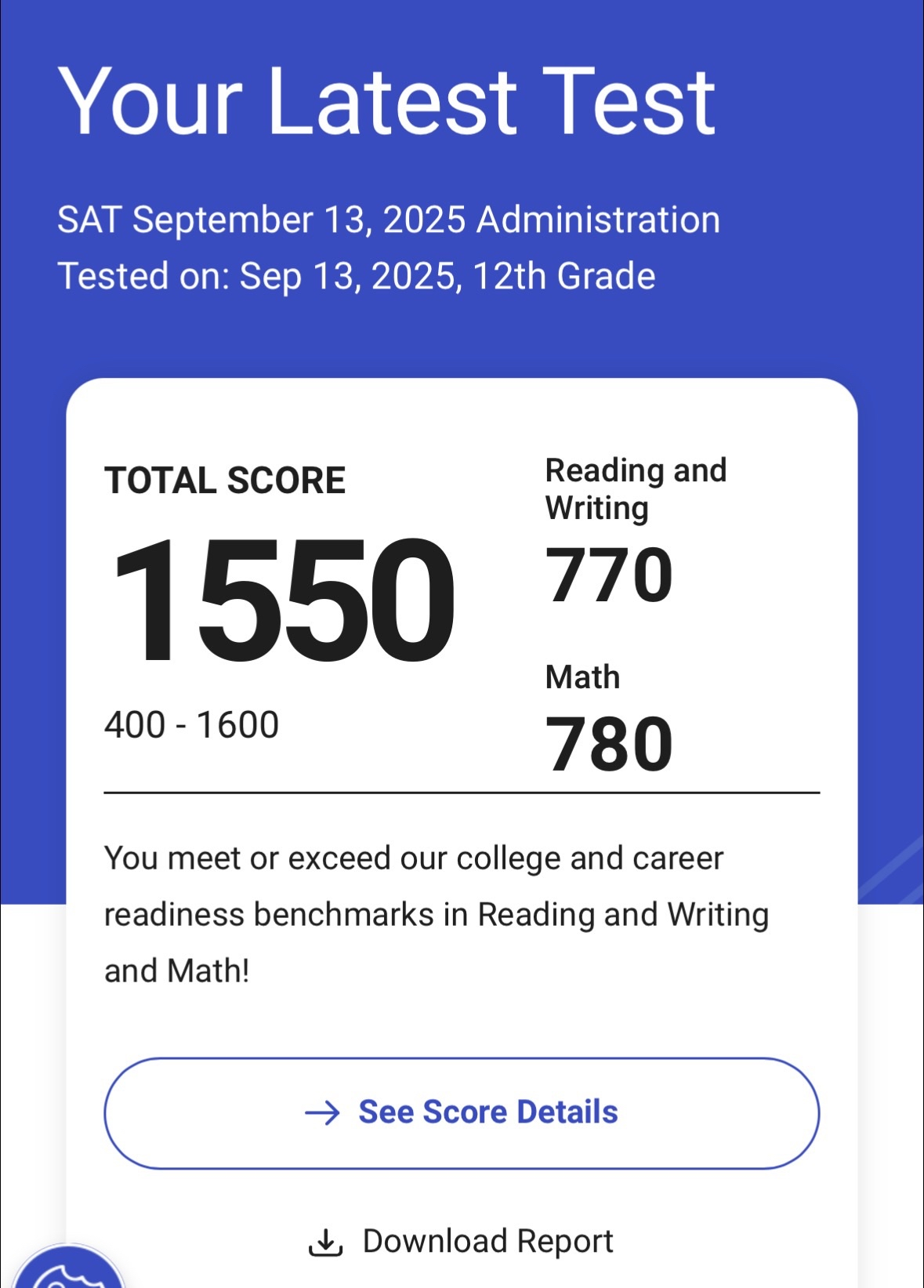 A 1550 score on the SAT test.
