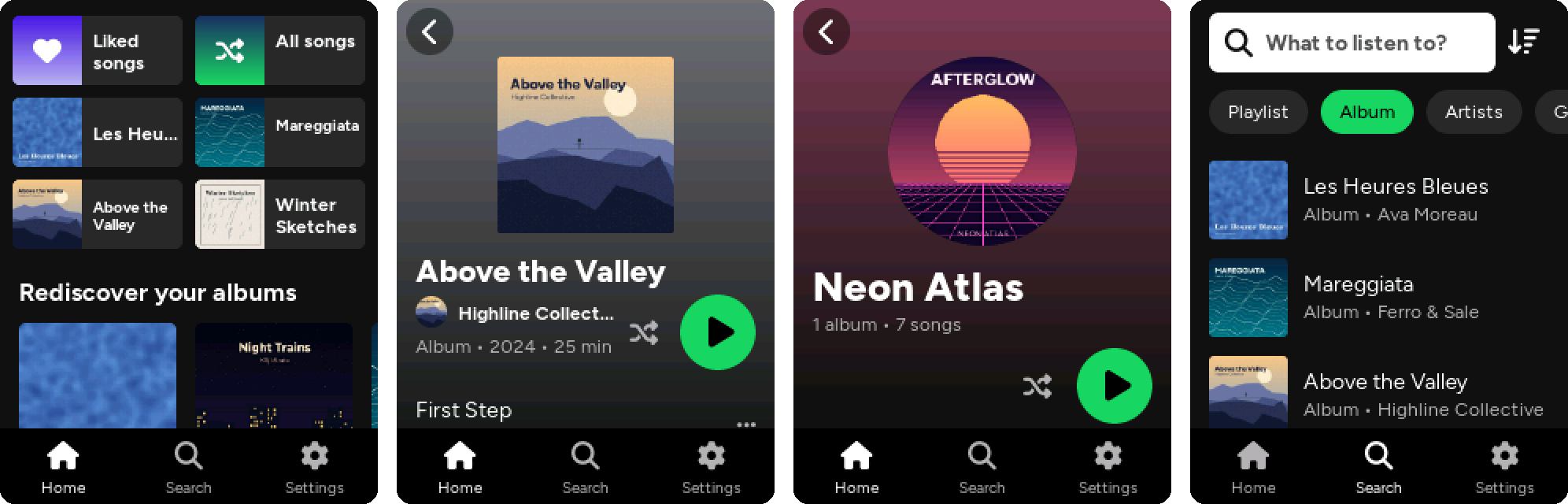 Home, album page, artist page and the library in Search