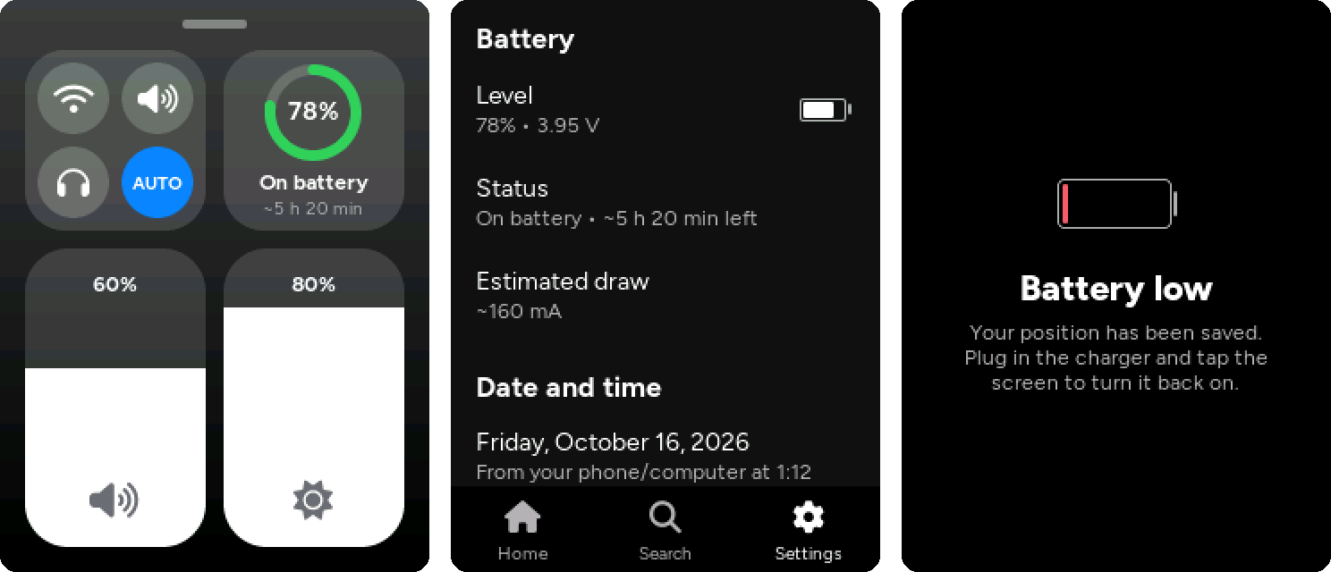 Control center, the Battery section of Settings, and the battery-low screen