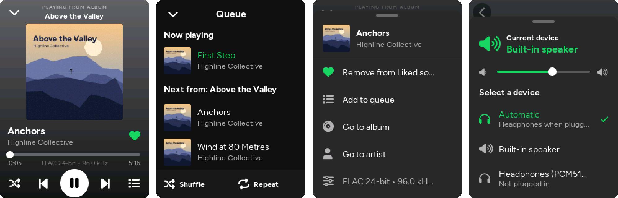 Now playing, the queue, the song menu and the device selector