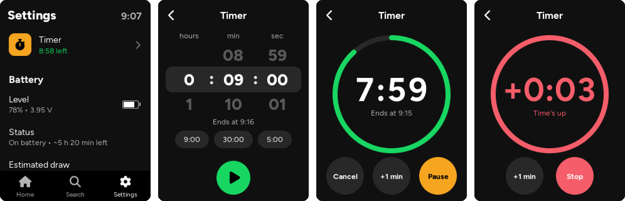 The Timer row in Settings, setting 9:00, the countdown, and time's up