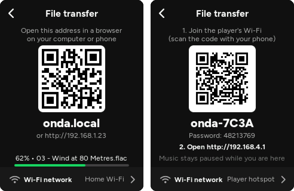 File transfer on the player: on the home network, and as a hotspot with a QR code