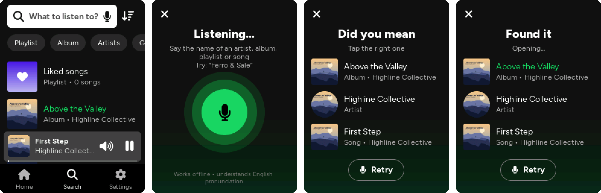 The microphone in the search box, listening, a list of candidates, and a confident match that opens by itself