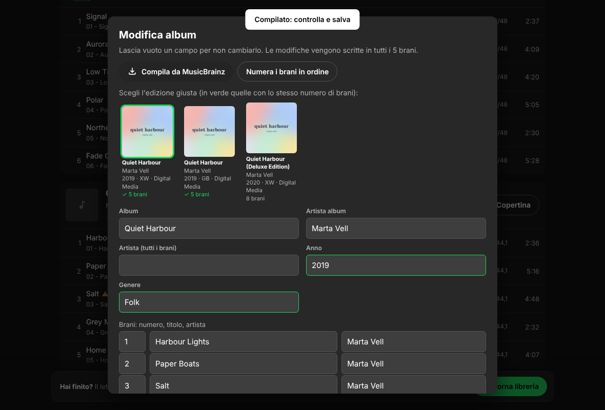 Album editor filled in from MusicBrainz: pick the release and the fields are filled in