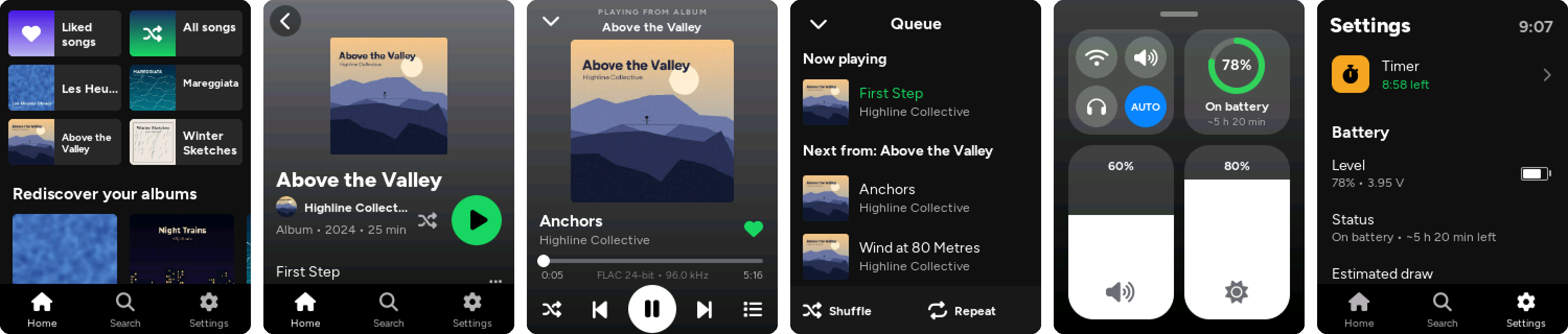 Home, album, now playing, queue, control center and settings