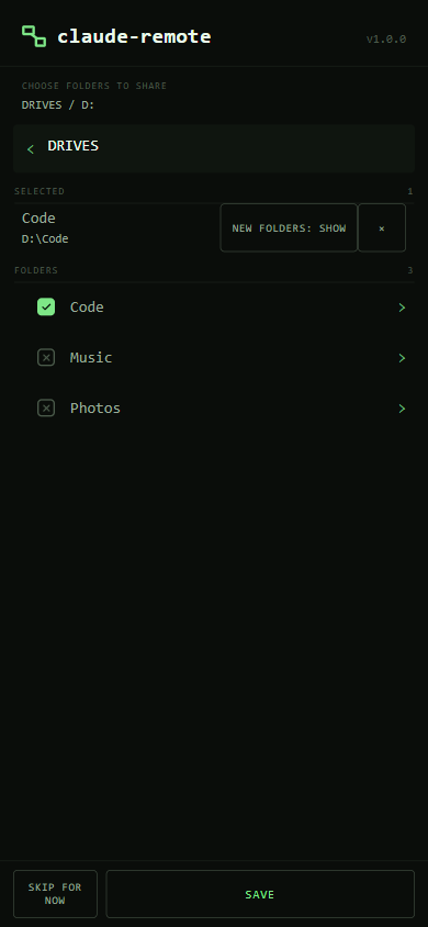 Folder picker with one folder selected to share