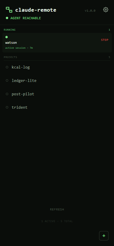 Project list with one session running