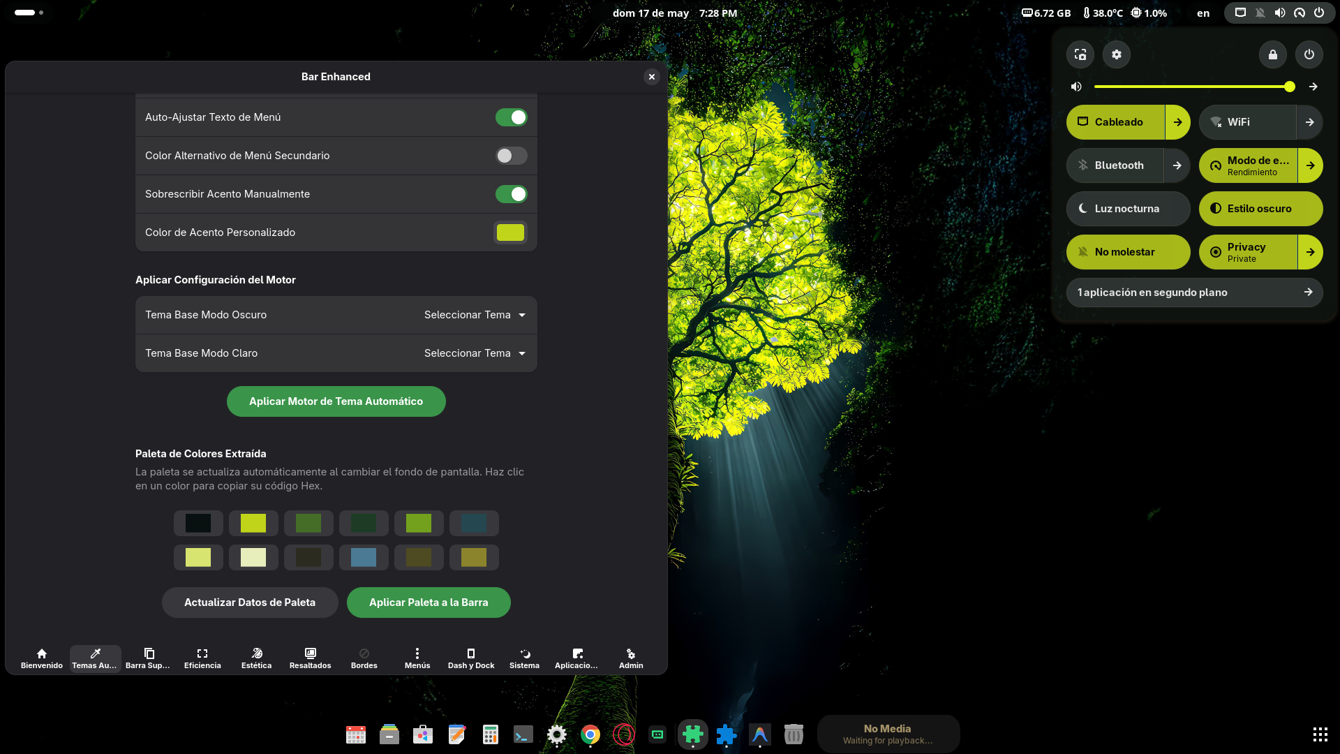 Captura real de personalización integral del escritorio GNOME con Bar Enhanced